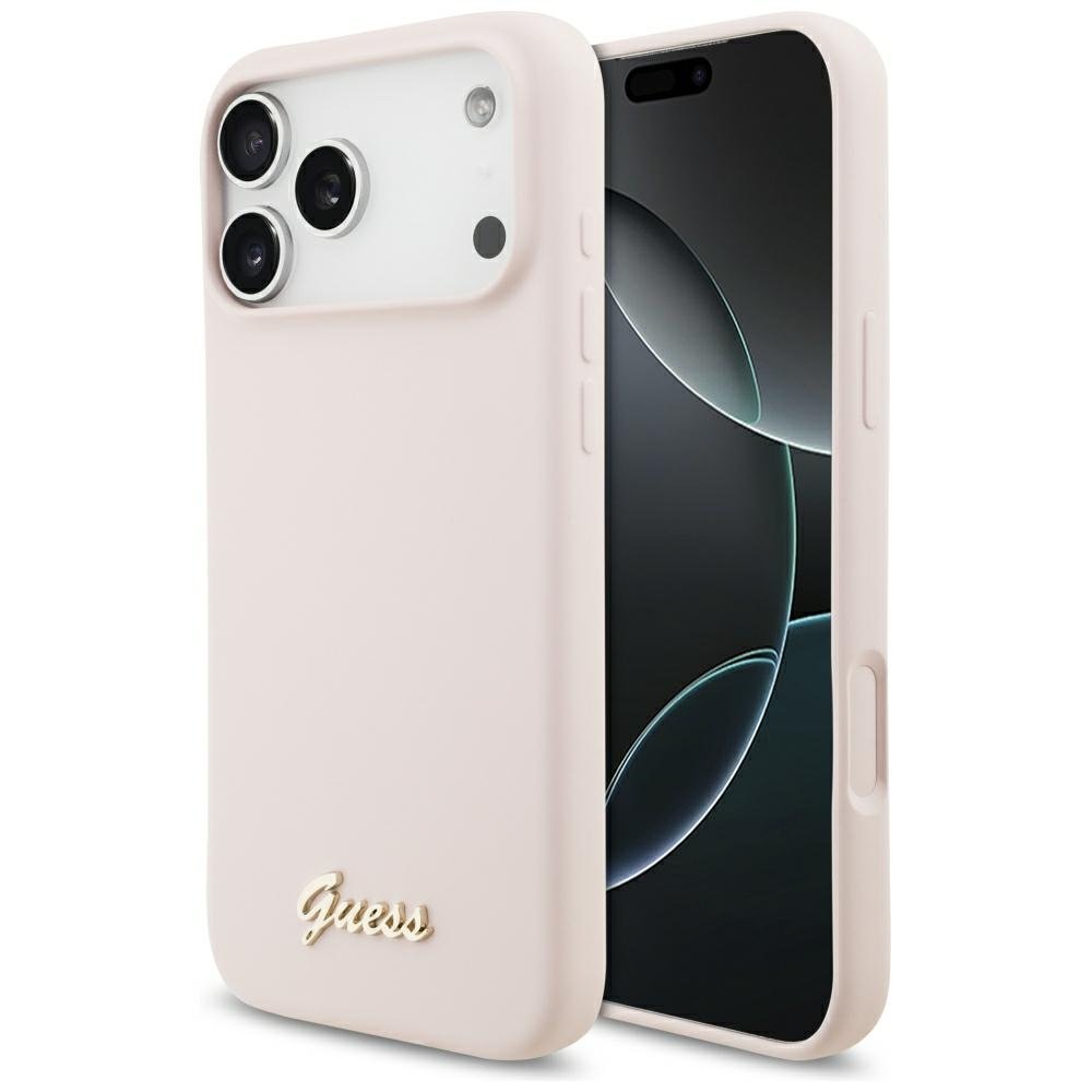 Guess silikona vāciņš ar metāla logotipu un Script uzrakstu, kas atbalsta MagSafe funkciju, iPhone 18 Pro Max / iPhone 17 Pro Max, rozā krāsā