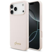 Guess silikona vāciņš ar metāla logotipu un Script uzrakstu, kas atbalsta MagSafe funkciju, iPhone 18 Pro Max / iPhone 17 Pro Max, rozā krāsā