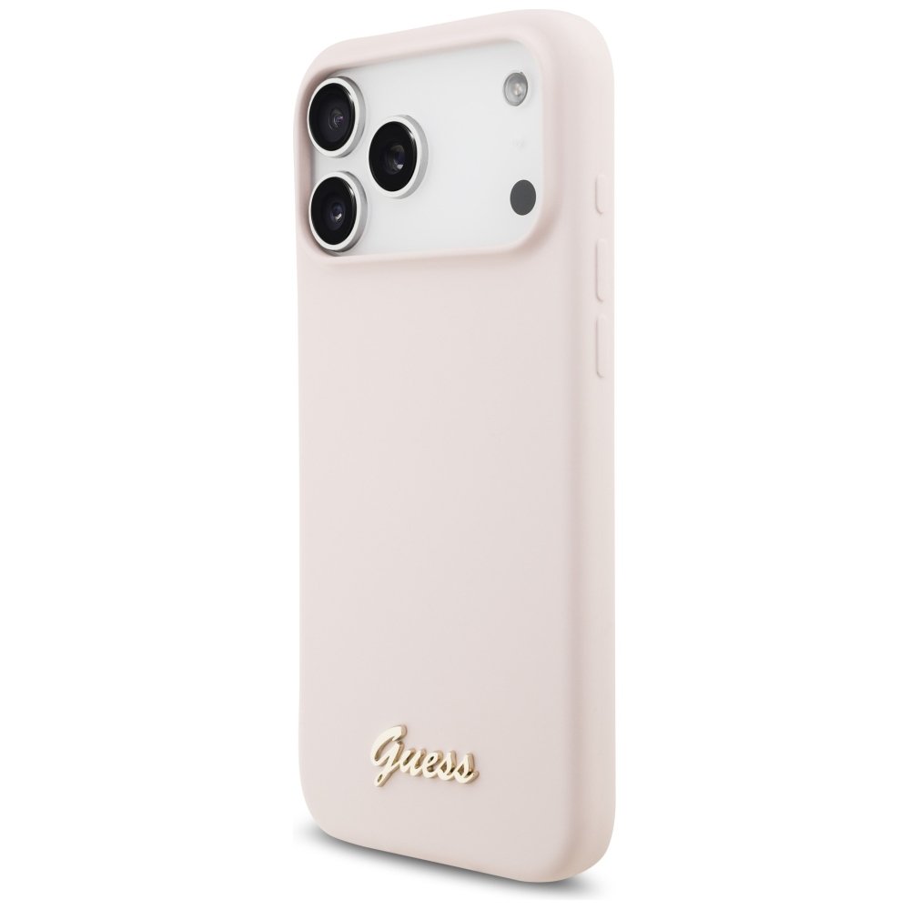 Guess silikona vāciņš ar metāla logotipu un Script uzrakstu, kas atbalsta MagSafe funkciju, iPhone 18 Pro Max / iPhone 17 Pro Max, rozā krāsā