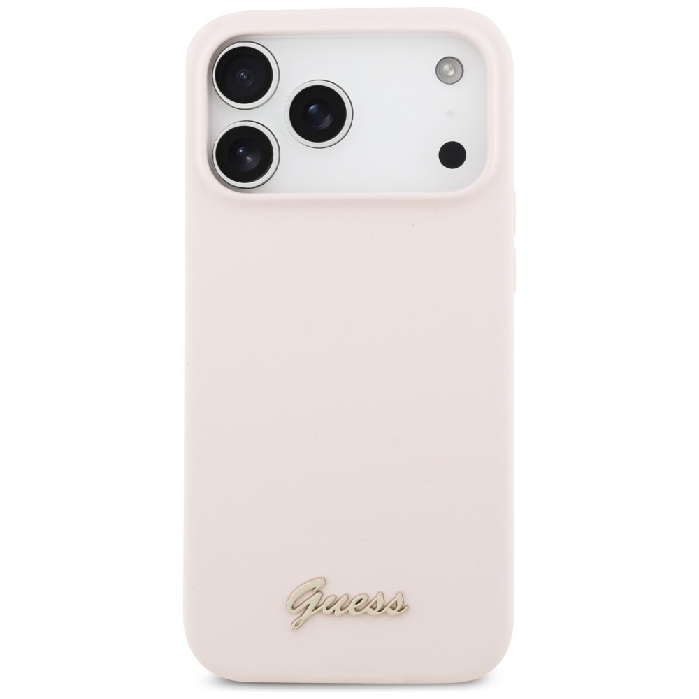 Guess silikona vāciņš ar metāla logotipu un Script uzrakstu, kas atbalsta MagSafe funkciju, iPhone 18 Pro Max / iPhone 17 Pro Max, rozā krāsā