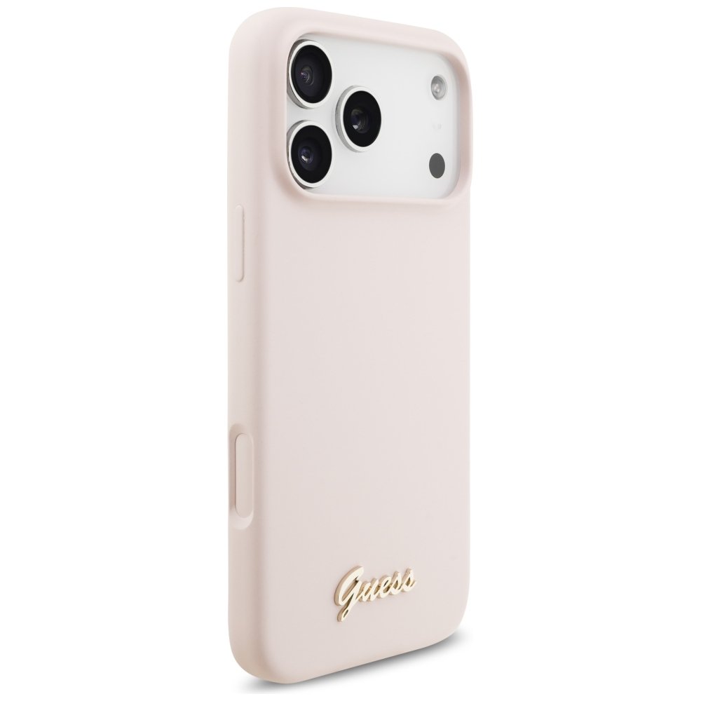 Guess silikona vāciņš ar metāla logotipu un Script uzrakstu, kas atbalsta MagSafe funkciju, iPhone 18 Pro Max / iPhone 17 Pro Max, rozā krāsā