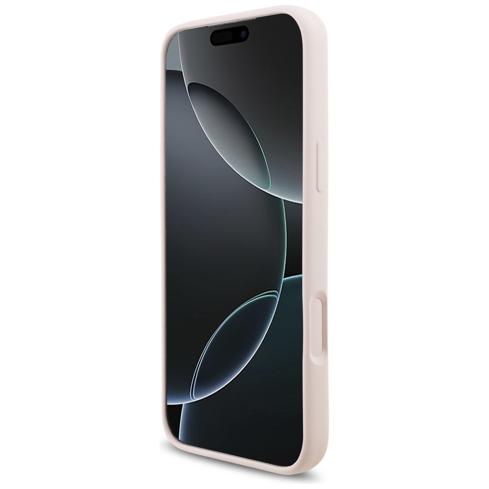 Guess silikona vāciņš ar metāla logotipu un Script uzrakstu, kas atbalsta MagSafe funkciju, iPhone 18 Pro Max / iPhone 17 Pro Max, rozā krāsā