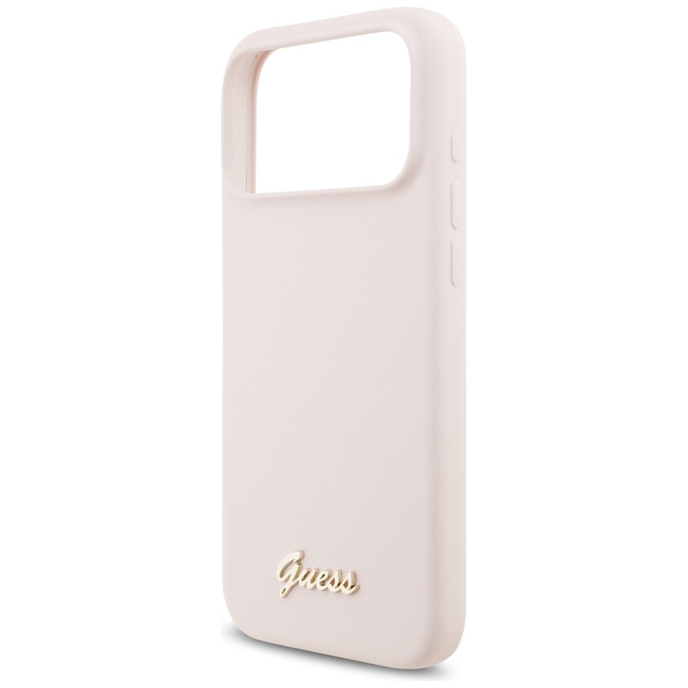 Guess silikona vāciņš ar metāla logotipu un Script uzrakstu, kas atbalsta MagSafe funkciju, iPhone 18 Pro Max / iPhone 17 Pro Max, rozā krāsā