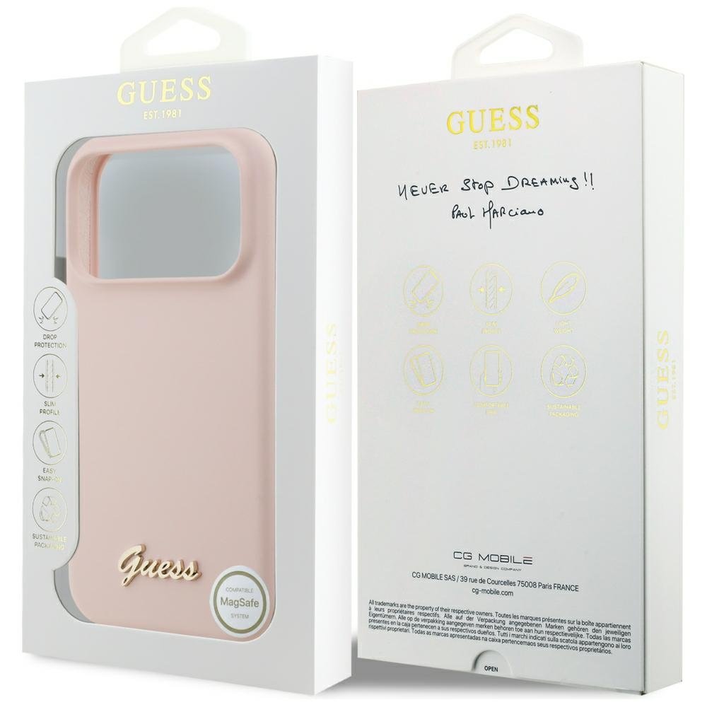 Guess silikona vāciņš ar metāla logotipu un Script uzrakstu, kas atbalsta MagSafe funkciju, iPhone 18 Pro Max / iPhone 17 Pro Max, rozā krāsā