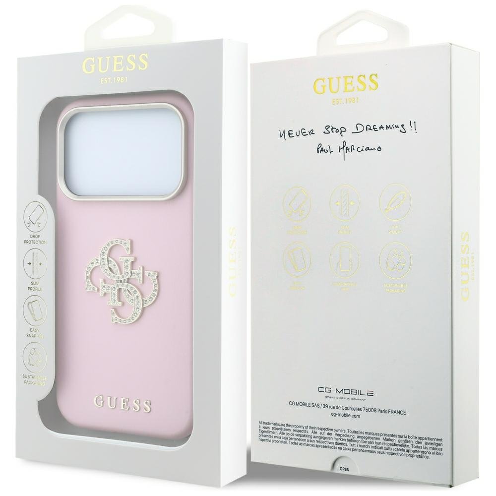 Guess Smooth & Big Strass Logo vāciņš iPhone 18 Pro Max / 17 Pro Max, rozā krāsā