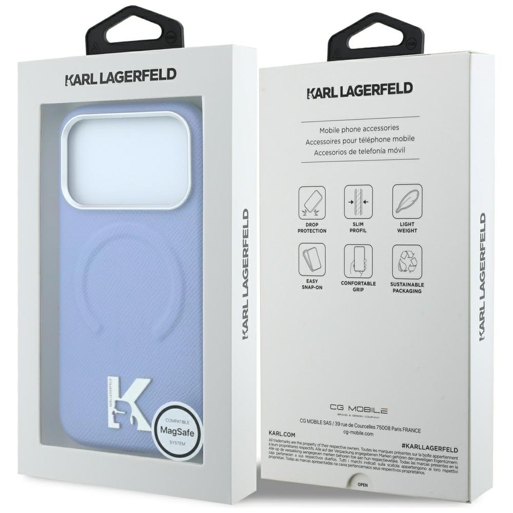 Karl Lagerfeld gredzens ar graudotu reljefu un Kameo Logo MagSafe vāciņš iPhone 18 Pro / 17 Pro, zils
