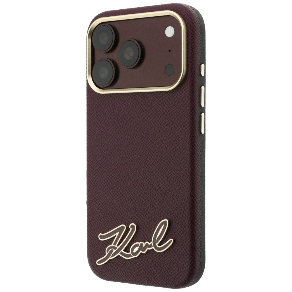 Karl Lagerfeld Grained with Resin ar firmas logotipu, MagSafe vāciņš iPhone 18 Pro / 17 Pro, bordo krāsā