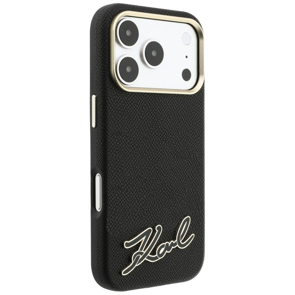 Karl Lagerfeld Grained with Resin ar firmas logotipu, MagSafe vāciņš iPhone 18 Pro / 17 Pro, melns