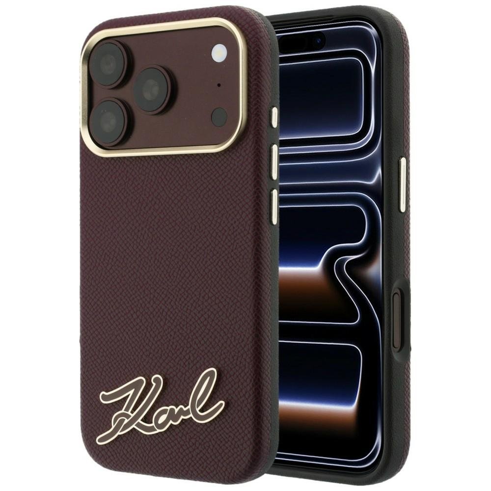 Karl Lagerfeld Grained with Resin ar firmas logotipu, MagSafe vāciņš iPhone 18 Pro Max / 17 Pro Max, bordo krāsā
