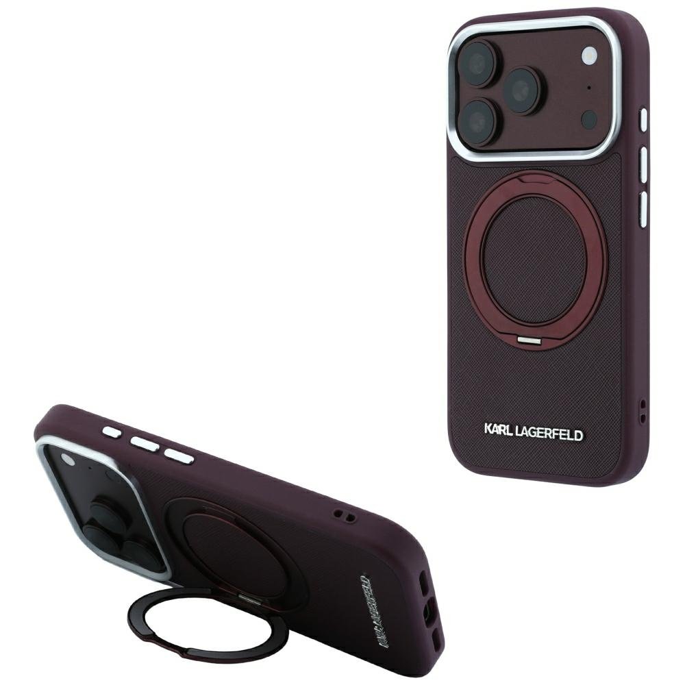 Karl Lagerfeld Ring Stand 360 Saffiano Classic Logo MagSafe vāciņš iPhone 18 Pro Max / 17 Pro Max, bordo krāsā