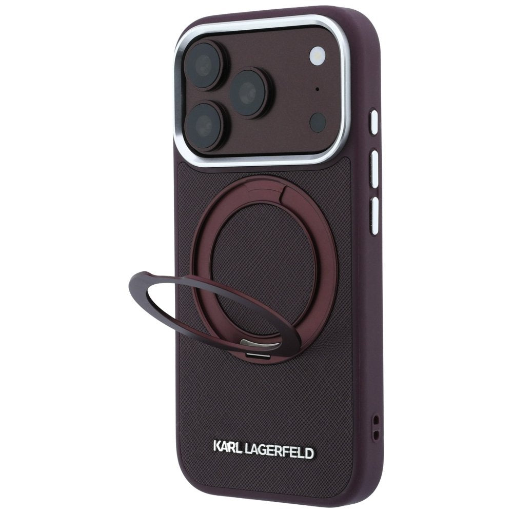 Karl Lagerfeld Ring Stand 360 Saffiano Classic Logo MagSafe vāciņš iPhone 18 Pro Max / 17 Pro Max, bordo krāsā
