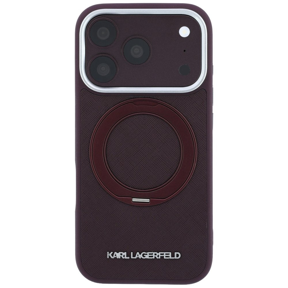 Karl Lagerfeld Ring Stand 360 Saffiano Classic Logo MagSafe vāciņš iPhone 18 Pro Max / 17 Pro Max, bordo krāsā