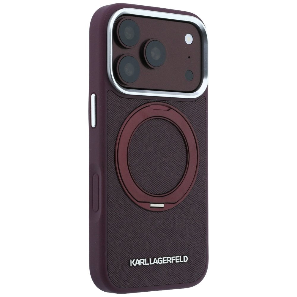 Karl Lagerfeld Ring Stand 360 Saffiano Classic Logo MagSafe vāciņš iPhone 18 Pro Max / 17 Pro Max, bordo krāsā
