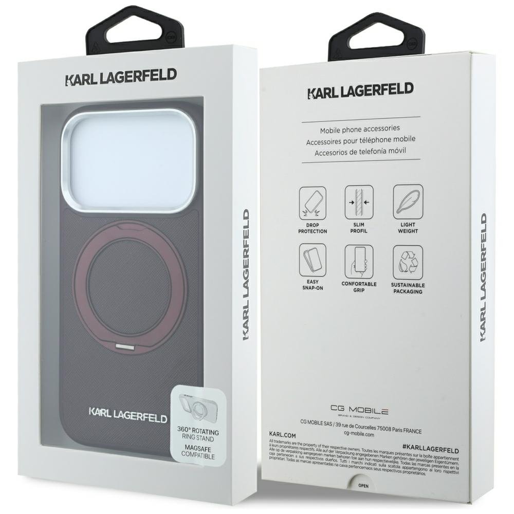 Karl Lagerfeld Ring Stand 360 Saffiano Classic Logo MagSafe vāciņš iPhone 18 Pro Max / 17 Pro Max, bordo krāsā