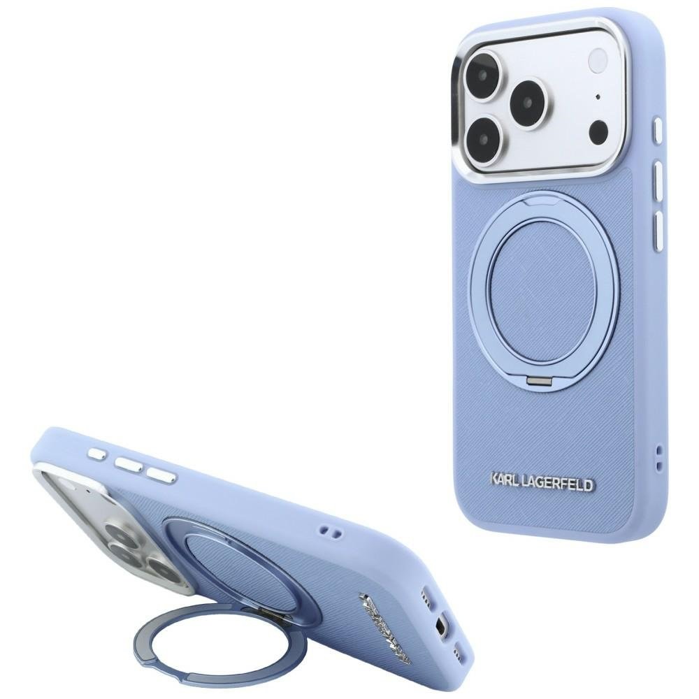 Karl Lagerfeld Ring Stand 360 Saffiano Classic Logo MagSafe vāciņš iPhone 18 Pro Max / 17 Pro Max, zils