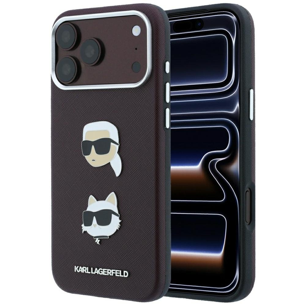 Karl Lagerfeld Saffiano ar Karl un Choupette attēliem, adatu un logotipa futrālis iPhone 18 Pro / 17 Pro, bordo krāsā