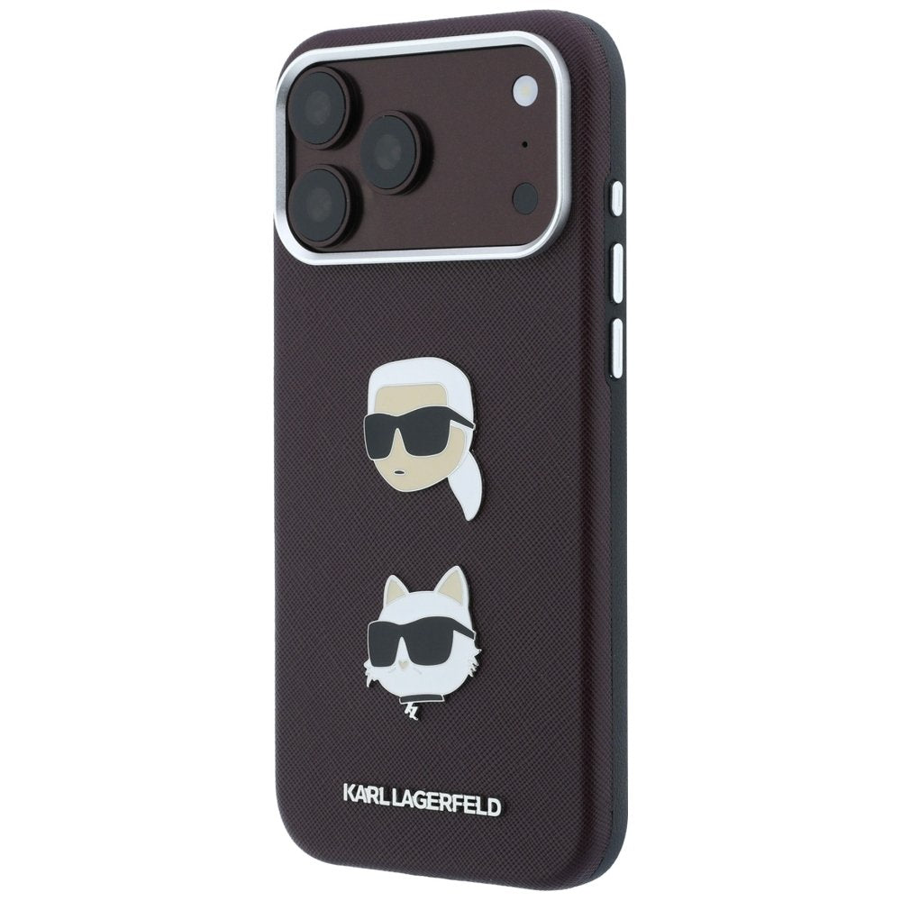 Karl Lagerfeld Saffiano ar Karl un Choupette attēliem, adatu un logotipa futrālis iPhone 18 Pro / 17 Pro, bordo krāsā