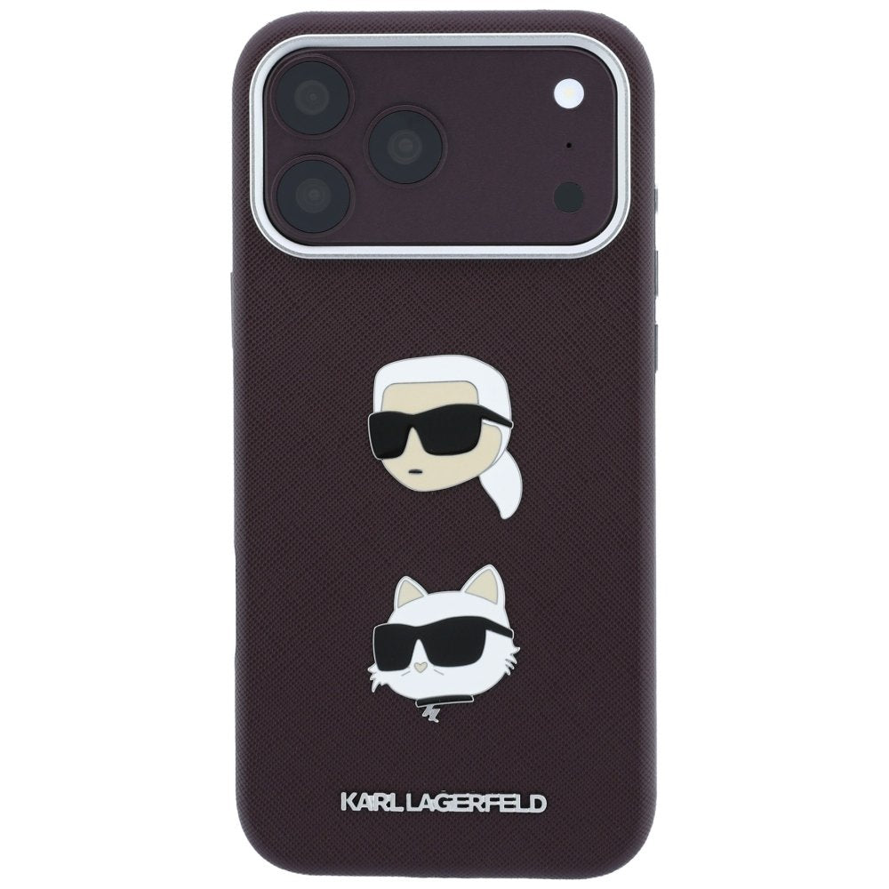 Karl Lagerfeld Saffiano ar Karl un Choupette attēliem, adatu un logotipa futrālis iPhone 18 Pro / 17 Pro, bordo krāsā
