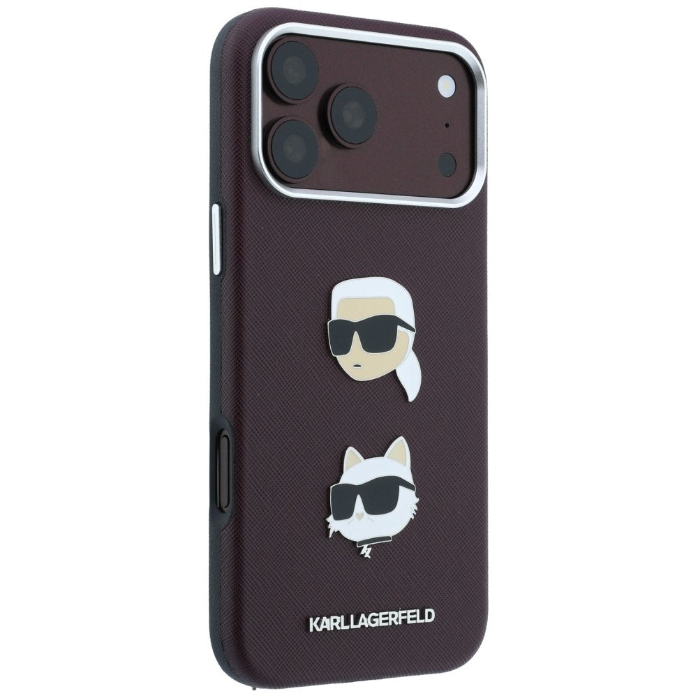 Karl Lagerfeld Saffiano ar Karl un Choupette attēliem, adatu un logotipa futrālis iPhone 18 Pro / 17 Pro, bordo krāsā