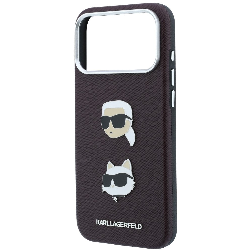 Karl Lagerfeld Saffiano ar Karl un Choupette attēliem, adatu un logotipa futrālis iPhone 18 Pro / 17 Pro, bordo krāsā