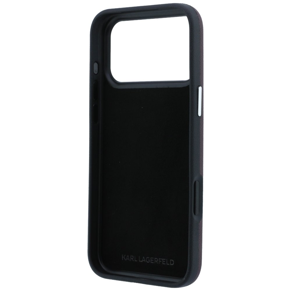 Karl Lagerfeld Saffiano ar Karl un Choupette attēliem, adatu un logotipa futrālis iPhone 18 Pro / 17 Pro, bordo krāsā