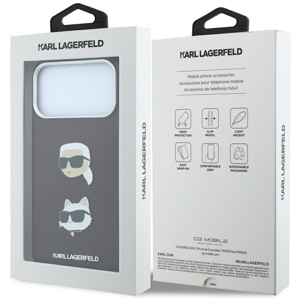 Karl Lagerfeld Saffiano ar Karl un Choupette attēliem, adatu un logotipa futrālis iPhone 18 Pro / 17 Pro, bordo krāsā