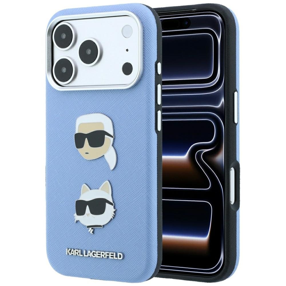 Karl Lagerfeld Saffiano ar Karl un Choupette attēliem, adatu un logotipa futrālis iPhone 18 Pro Max / 17 Pro Max, zils