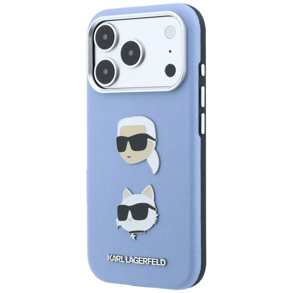 Karl Lagerfeld Saffiano ar Karl un Choupette attēliem, adatu un logotipa futrālis iPhone 18 Pro Max / 17 Pro Max, zils