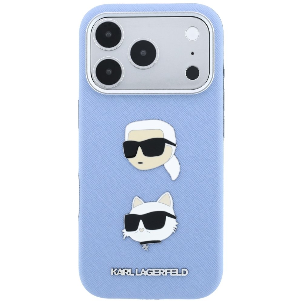 Karl Lagerfeld Saffiano ar Karl un Choupette attēliem, adatu un logotipa futrālis iPhone 18 Pro Max / 17 Pro Max, zils