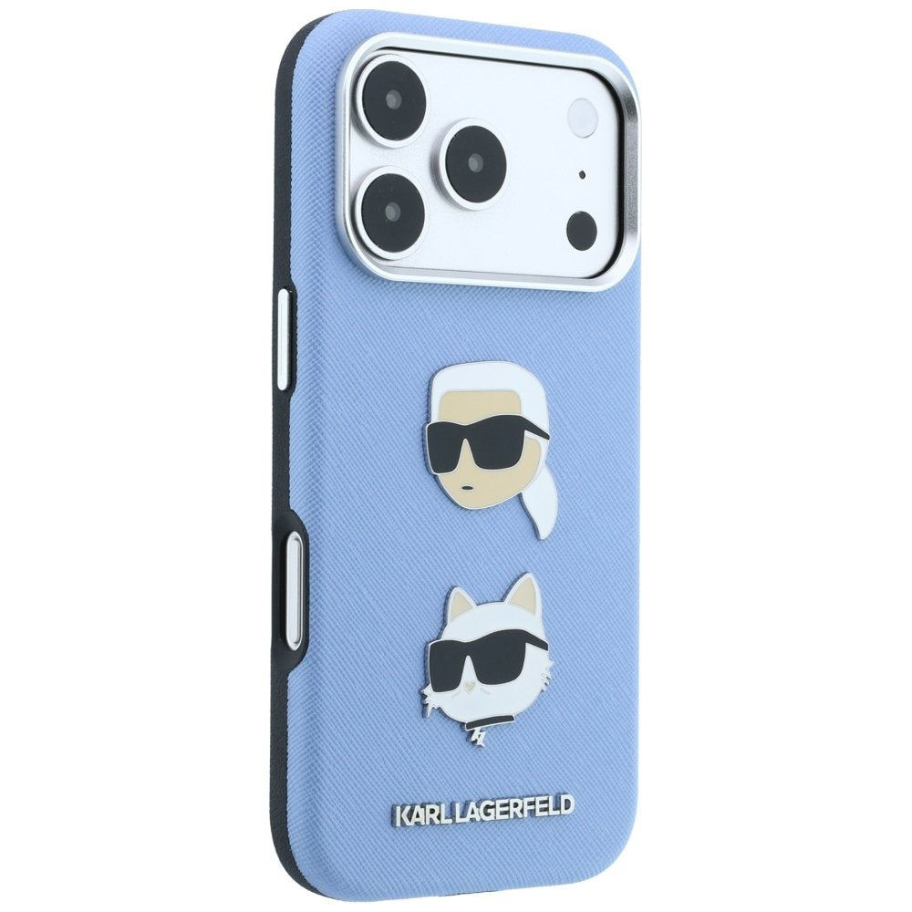 Karl Lagerfeld Saffiano ar Karl un Choupette attēliem, adatu un logotipa futrālis iPhone 18 Pro Max / 17 Pro Max, zils