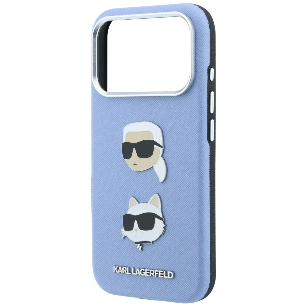 Karl Lagerfeld Saffiano ar Karl un Choupette attēliem, adatu un logotipa futrālis iPhone 18 Pro Max / 17 Pro Max, zils