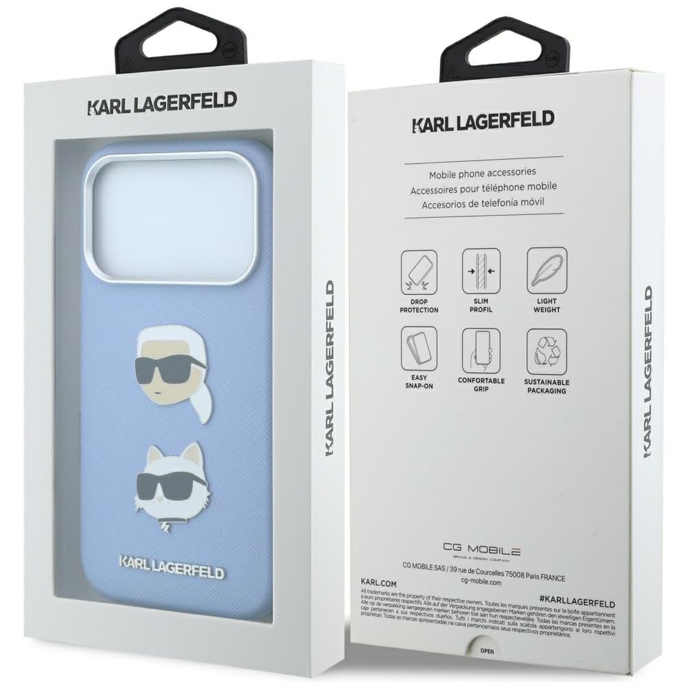 Karl Lagerfeld Saffiano ar Karl un Choupette attēliem, adatu un logotipa futrālis iPhone 18 Pro Max / 17 Pro Max, zils