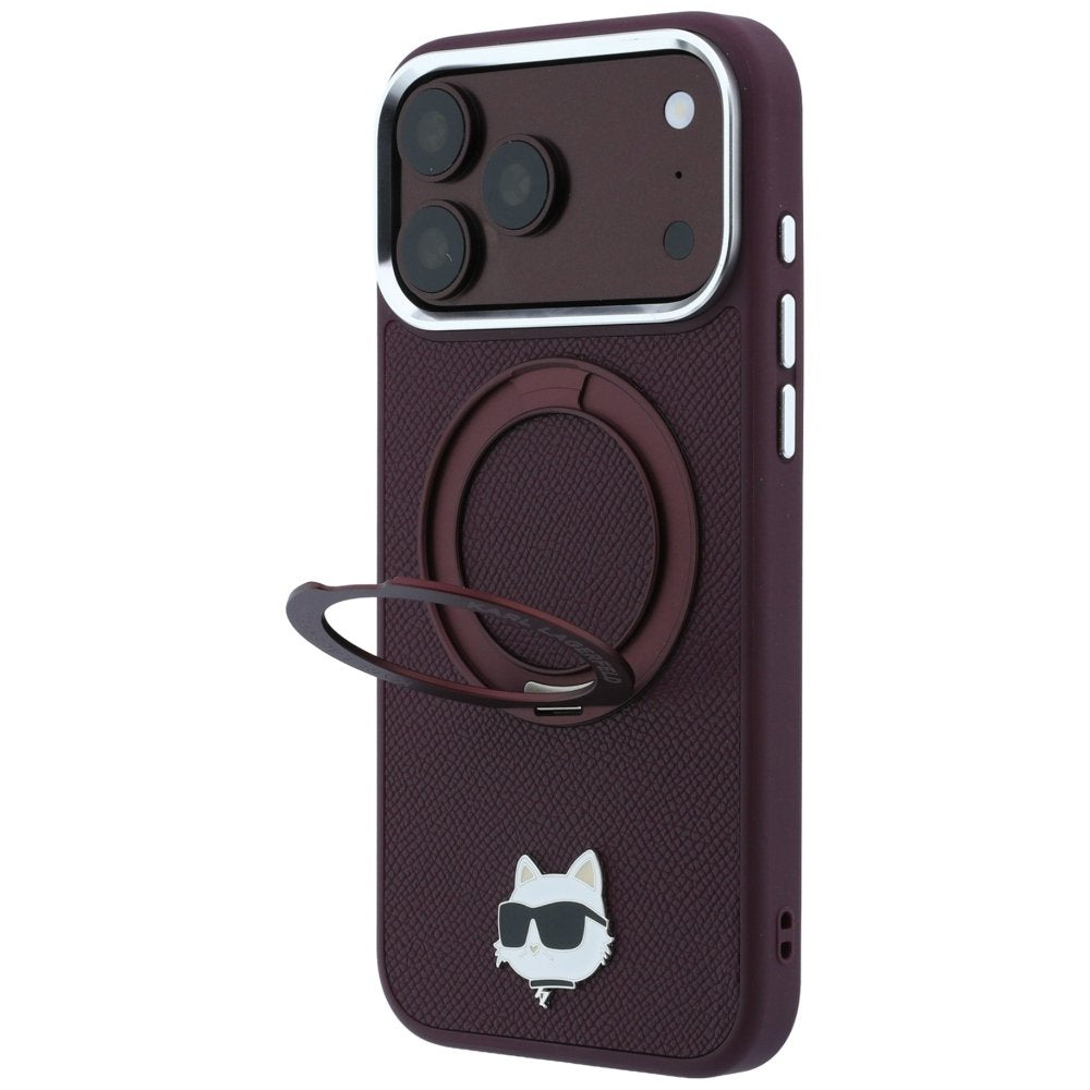 Karl Lagerfeld ar gredzenveida statīvu 360 Choupette Head Pin MagSafe vāciņu iPhone 18 Pro / 17 Pro, bordo krāsā