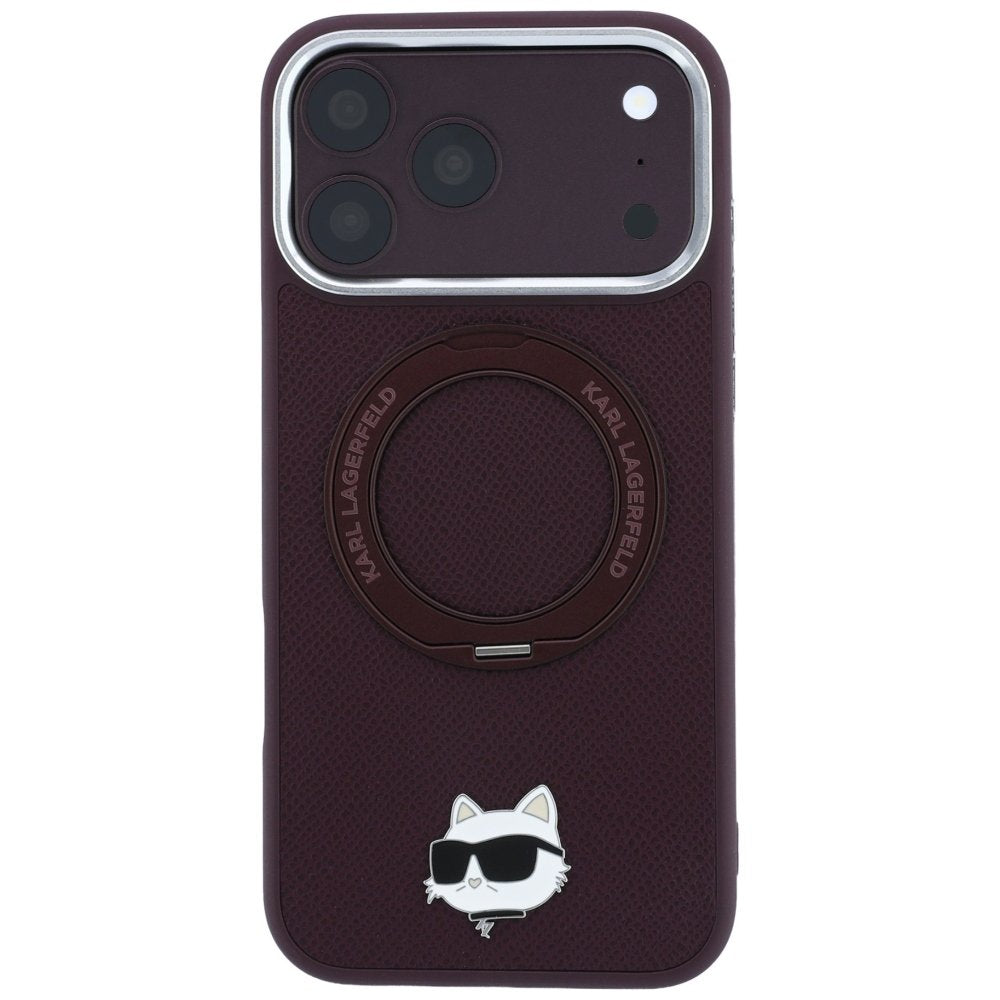 Karl Lagerfeld ar gredzenveida statīvu 360 Choupette Head Pin MagSafe vāciņu iPhone 18 Pro / 17 Pro, bordo krāsā