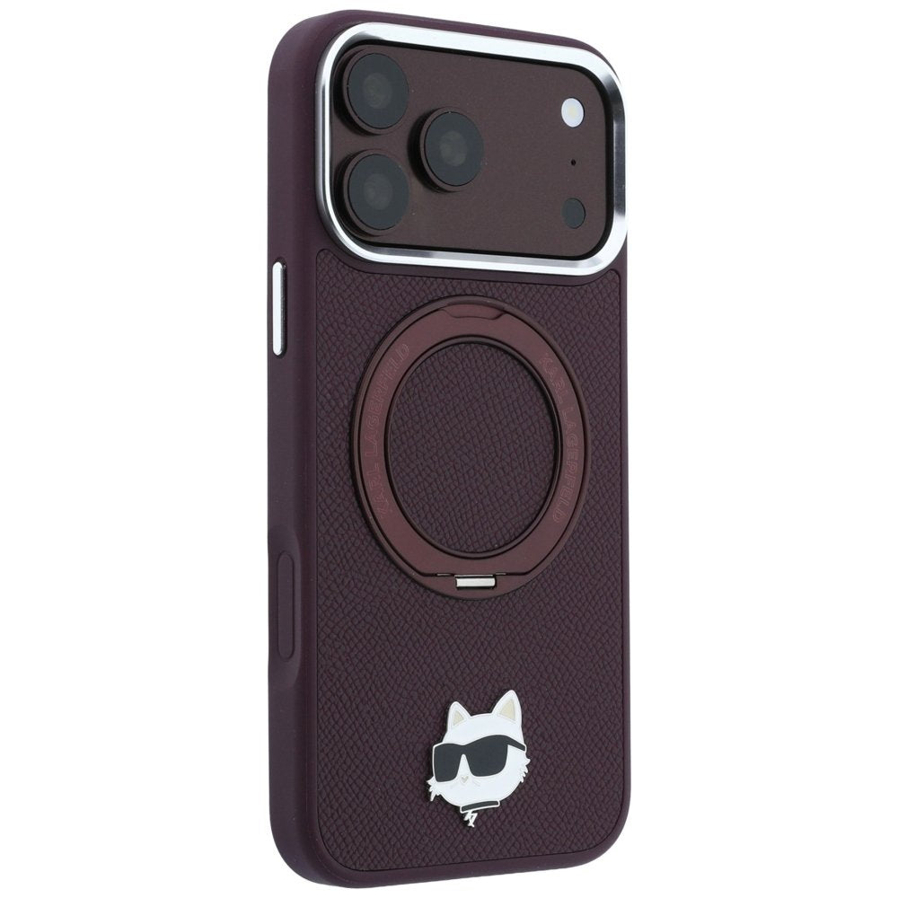 Karl Lagerfeld ar gredzenveida statīvu 360 Choupette Head Pin MagSafe vāciņu iPhone 18 Pro / 17 Pro, bordo krāsā