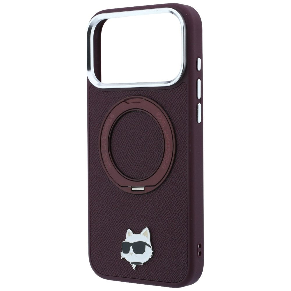 Karl Lagerfeld ar gredzenveida statīvu 360 Choupette Head Pin MagSafe vāciņu iPhone 18 Pro / 17 Pro, bordo krāsā