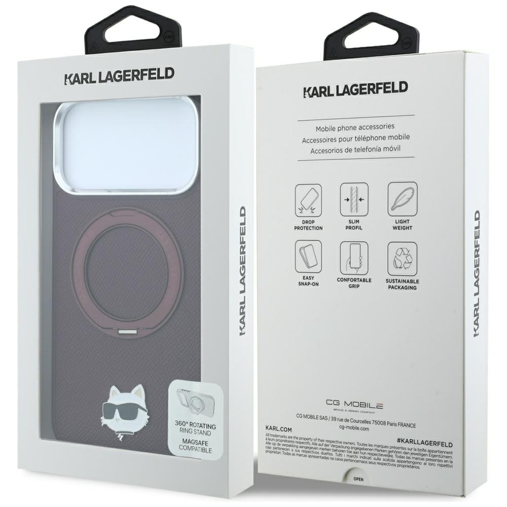 Karl Lagerfeld ar gredzenveida statīvu 360 Choupette Head Pin MagSafe vāciņu iPhone 18 Pro / 17 Pro, bordo krāsā