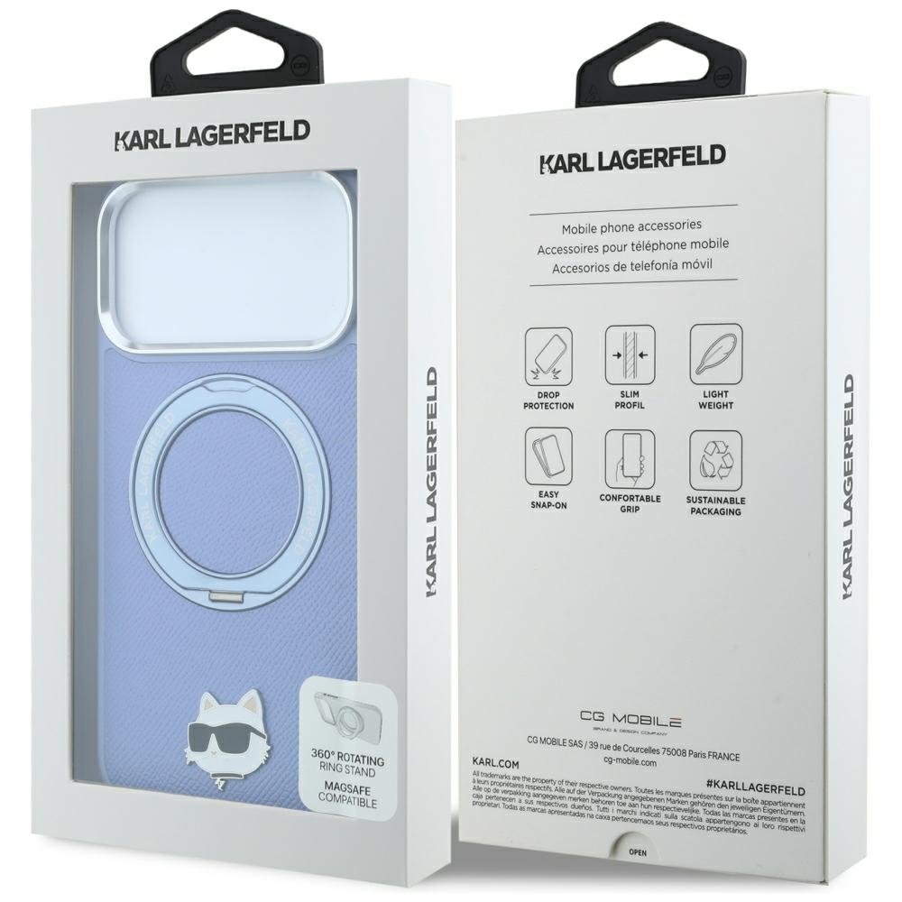 Karl Lagerfeld ar gredzenveida statīvu 360 Choupette Head Pin MagSafe vāciņu iPhone 18 Pro / 17 Pro, zils