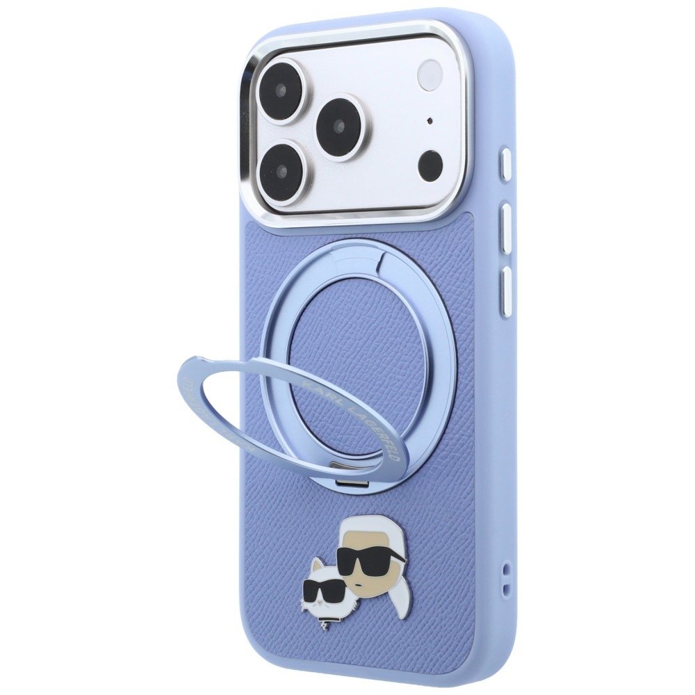 Karl Lagerfeld ar gredzenveida statīvu 360 Karl & Choupette Heads Pin MagSafe vāciņu iPhone 18 Pro / 17 Pro, zils