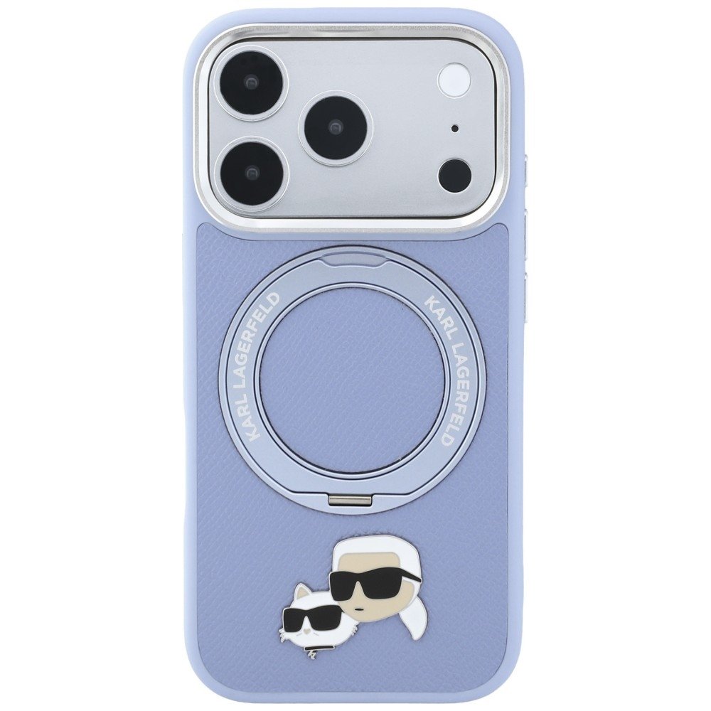 Karl Lagerfeld ar gredzenveida statīvu 360 Karl & Choupette Heads Pin MagSafe vāciņu iPhone 18 Pro / 17 Pro, zils