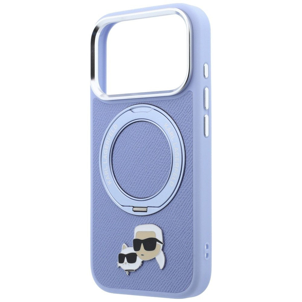 Karl Lagerfeld ar gredzenveida statīvu 360 Karl & Choupette Heads Pin MagSafe vāciņu iPhone 18 Pro Max / 17 Pro Max, zils