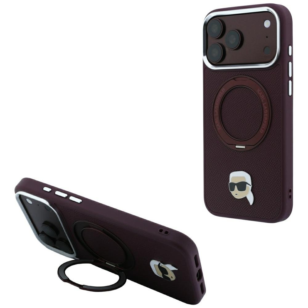 Karl Lagerfeld ar gredzenveida statīvu 360 Karl Head Pin MagSafe vāciņu iPhone 18 Pro / 17 Pro burgundietī