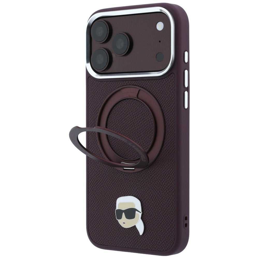 Karl Lagerfeld ar gredzenveida statīvu 360 Karl Head Pin MagSafe vāciņu iPhone 18 Pro / 17 Pro burgundietī