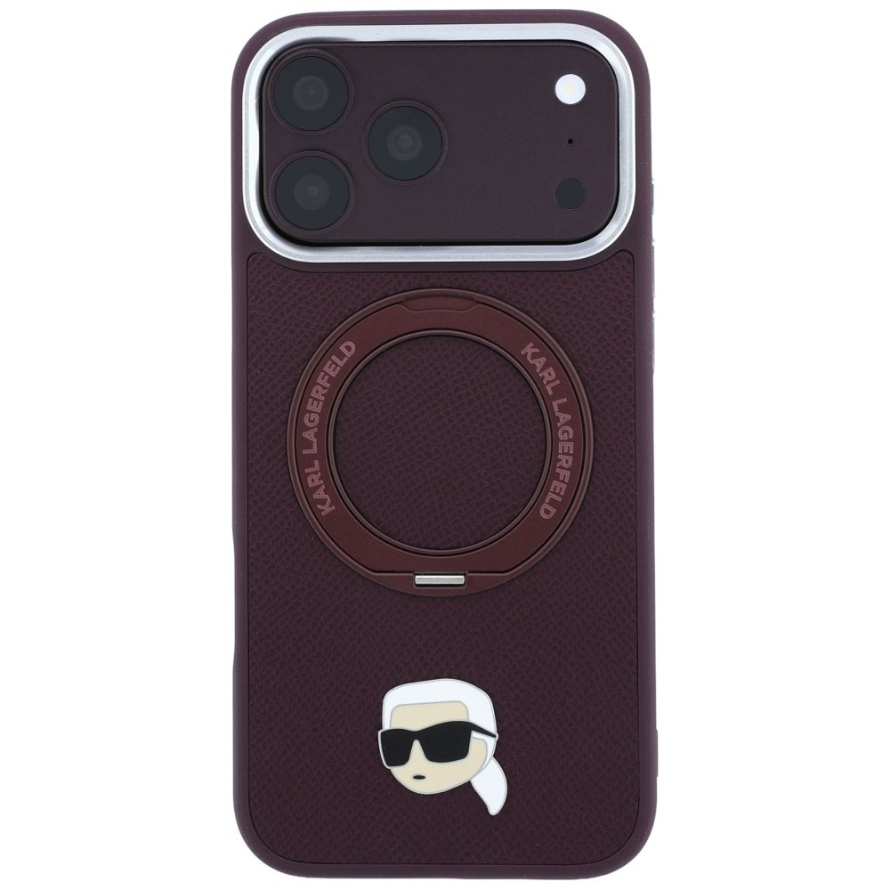 Karl Lagerfeld ar gredzenveida statīvu 360 Karl Head Pin MagSafe vāciņu iPhone 18 Pro / 17 Pro burgundietī