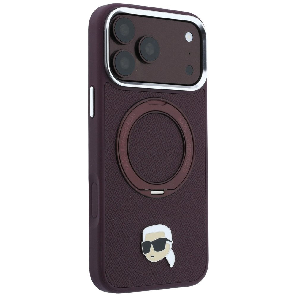 Karl Lagerfeld ar gredzenveida statīvu 360 Karl Head Pin MagSafe vāciņu iPhone 18 Pro / 17 Pro burgundietī