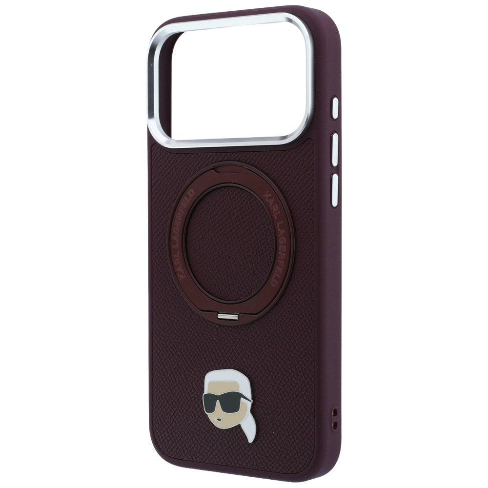 Karl Lagerfeld ar gredzenveida statīvu 360 Karl Head Pin MagSafe vāciņu iPhone 18 Pro / 17 Pro burgundietī