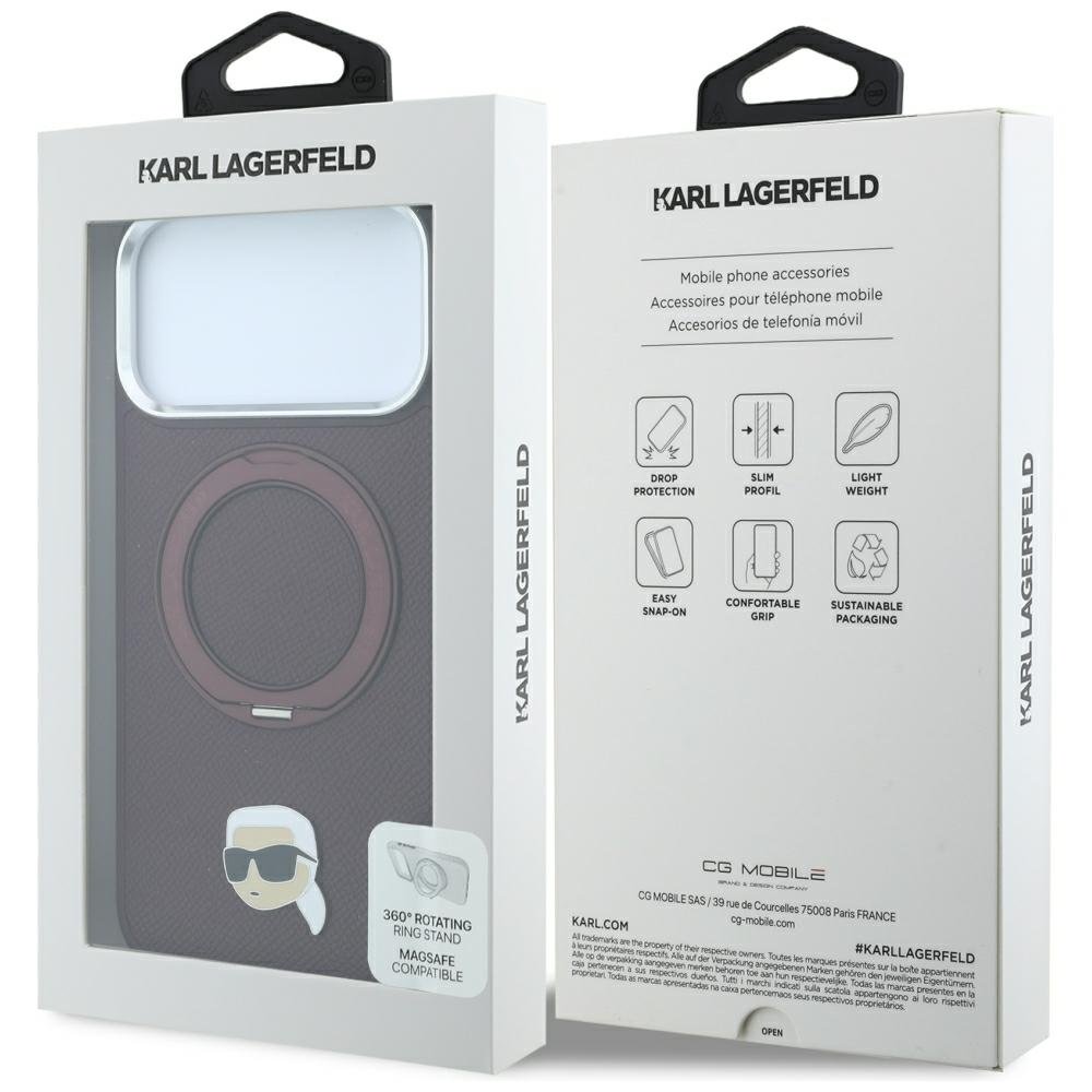 Karl Lagerfeld ar gredzenveida statīvu 360 Karl Head Pin MagSafe vāciņu iPhone 18 Pro / 17 Pro burgundietī