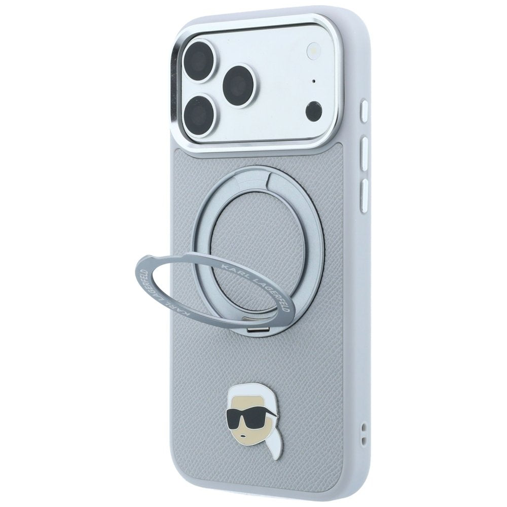 Karl Lagerfeld ar gredzena turētāju 360 Karl Head Pin MagSafe vāciņu iPhone 18 Pro / 17 Pro, pelēks