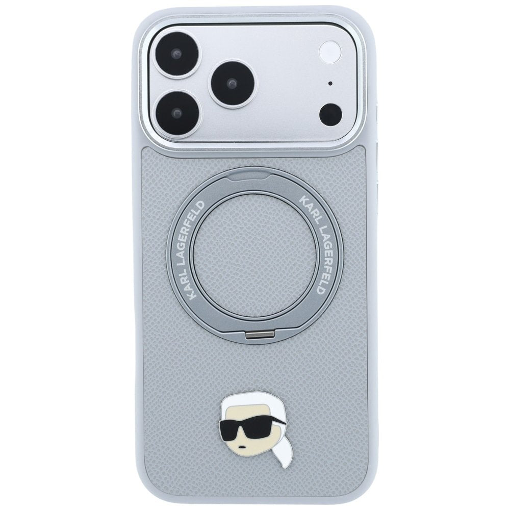 Karl Lagerfeld ar gredzena turētāju 360 Karl Head Pin MagSafe vāciņu iPhone 18 Pro / 17 Pro, pelēks