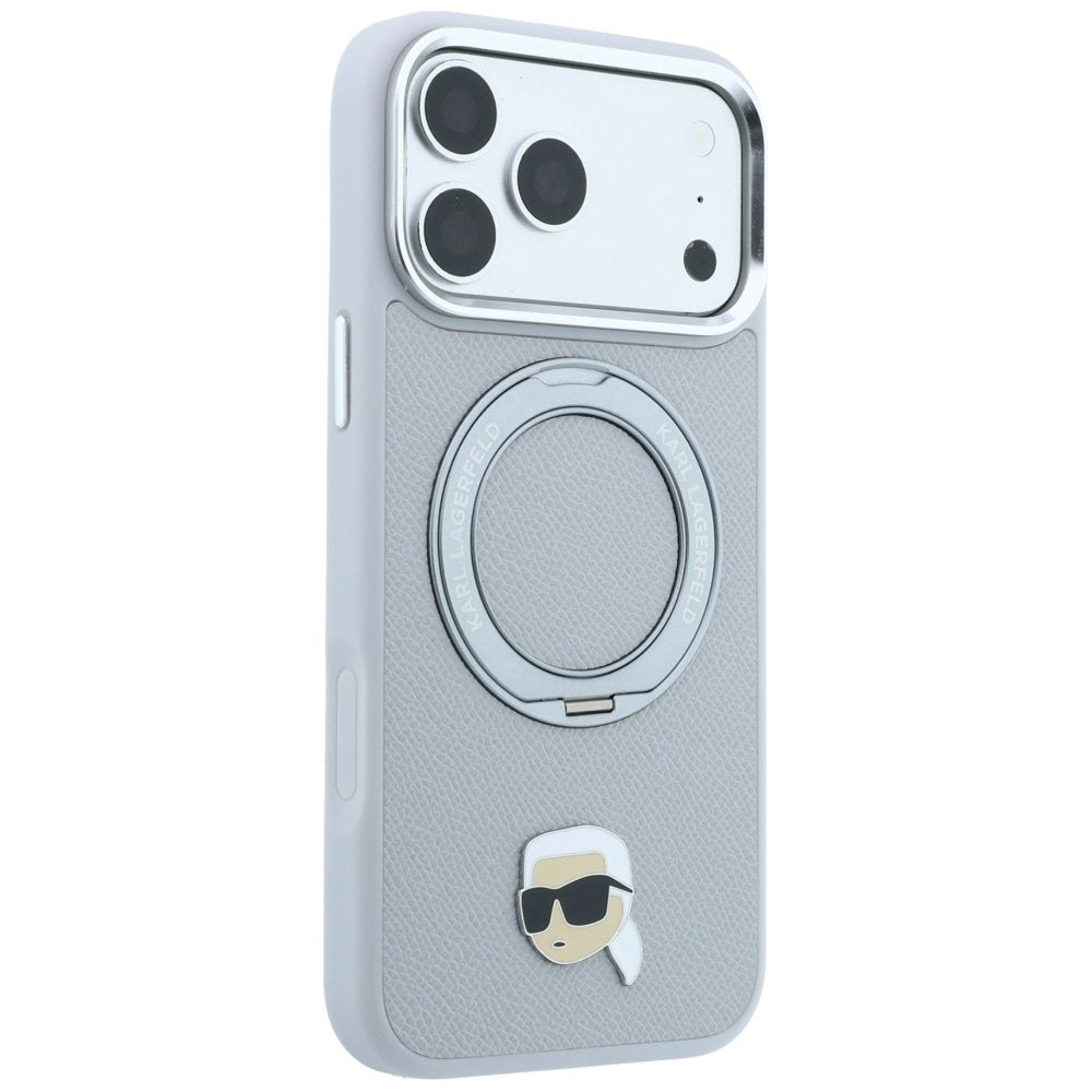Karl Lagerfeld ar gredzena turētāju 360 Karl Head Pin MagSafe vāciņu iPhone 18 Pro / 17 Pro, pelēks